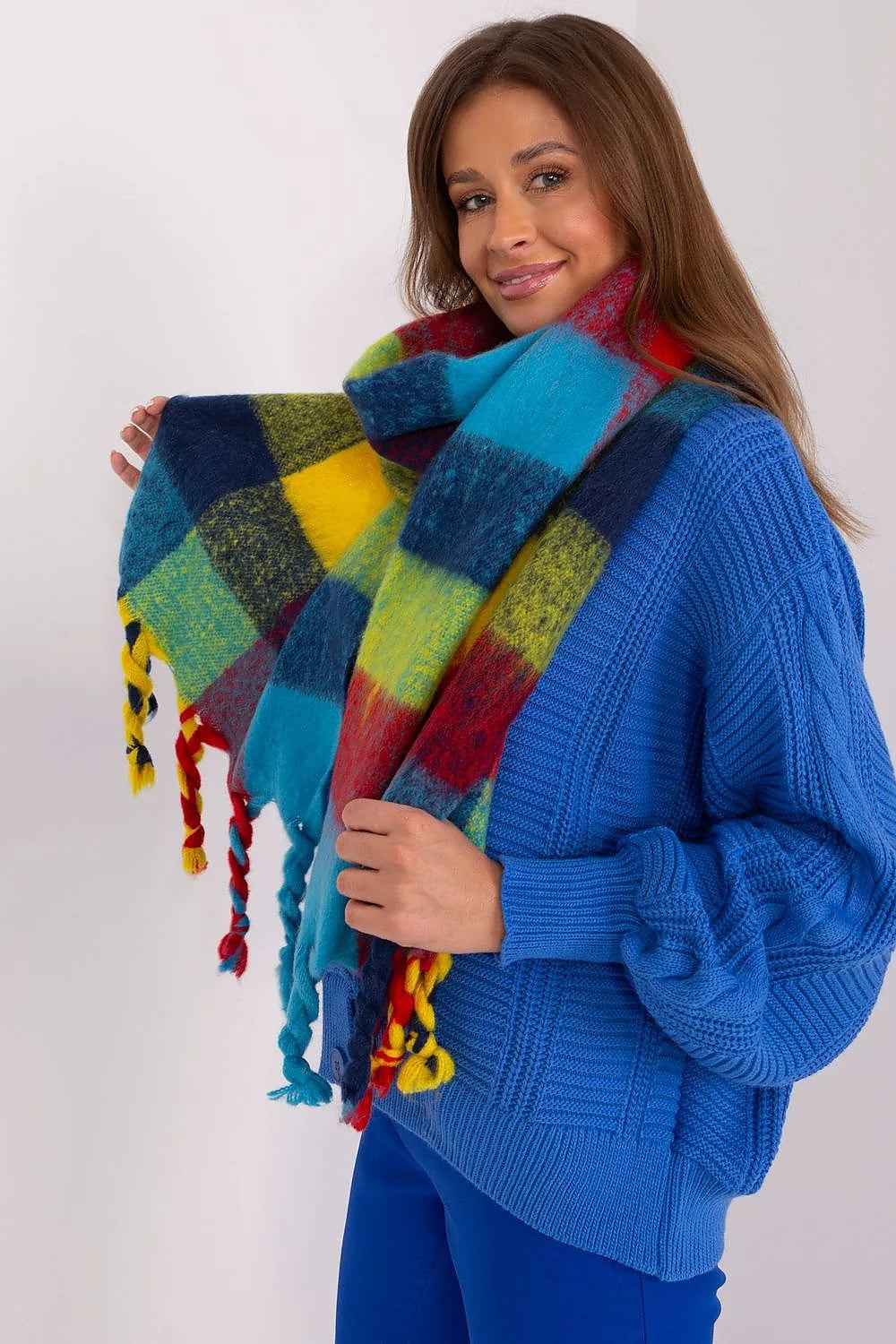Écharpe longue pour femmes en carreaux colorés asymétriques avec franges tressées polyester résistant style audacieux pour automne hiver