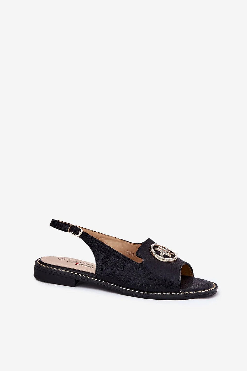 Sandales femmes chic moderne cuir noir logo métallique strass doré style slingback ajustable confortable été élégant occasion