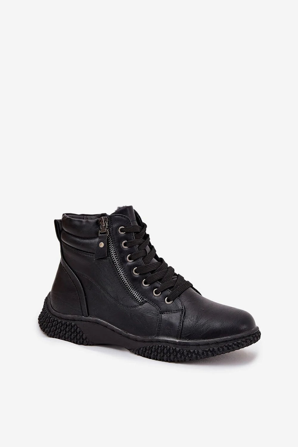 bottines montantes femme simili cuir noir bout rond laçage œillets fermeture éclair latérale doublure fourrure synthétique semelle crantée