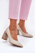 escarpins femme beige cuir naturel bout pointu talon bloc moyen empilé effet bois bracelet cheville dorée
