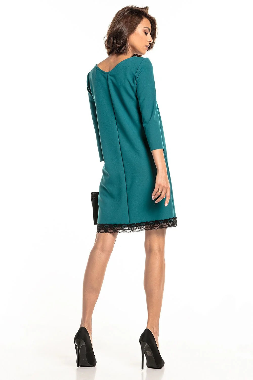 Robe élégante en polyester vert foncé avec dentelle noire manches trois-quarts encolure V sophistiquée