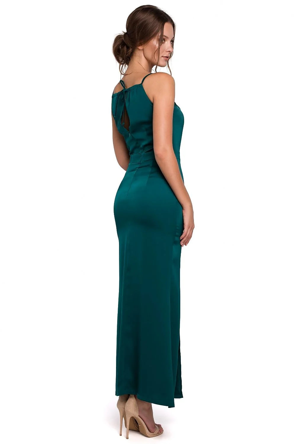 Robe longue satinée vert émeraude élégante fendue ajustée pour soirées glamour femme Makover chic
