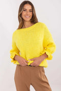 pull femme oversize grosse maille jaune vif col bateau manches trois quart volantées bouffantes tricot duveteux moelleux élégant