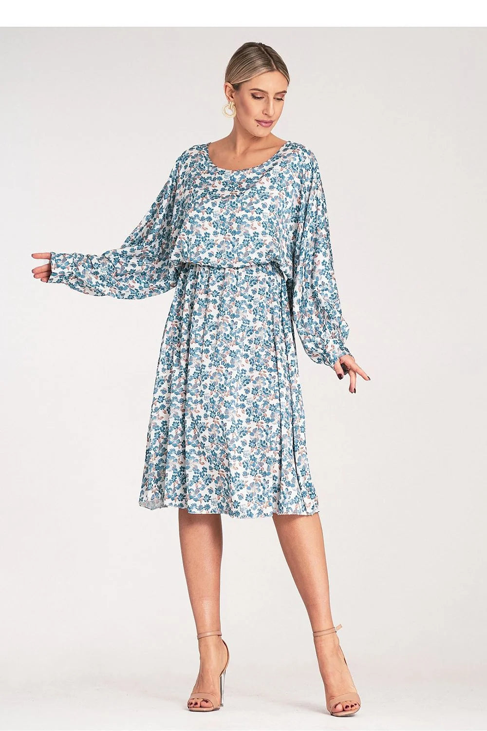 Robe de jour élégante en satin floral manches amples taille élastiquée pour femme longueur midi