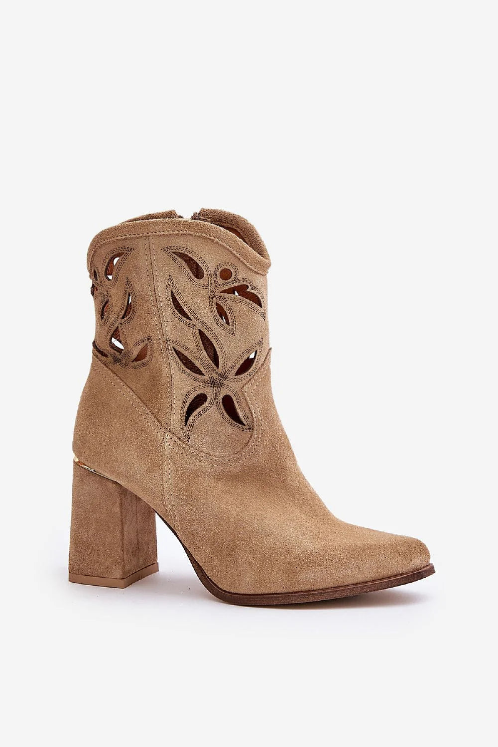 Bottines élégantes à talon block beige suédine motif feuille coupe ajustée cheville talon 8cm semelle cuir naturel femmes