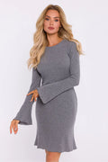 Robe de jour élégante en maille coton côtelé manches longues silhouette en sablier taille ajustable robe grise femme