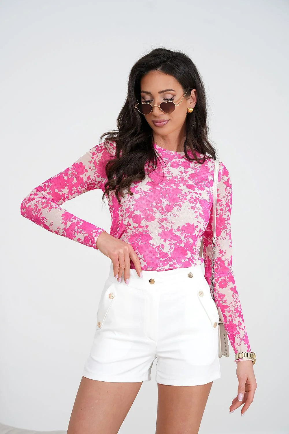 chemisier tulle manches longues col rond floral rose vif semi transparent stretch côtelé slim ajusté léger estival chic élégant sophistiqué