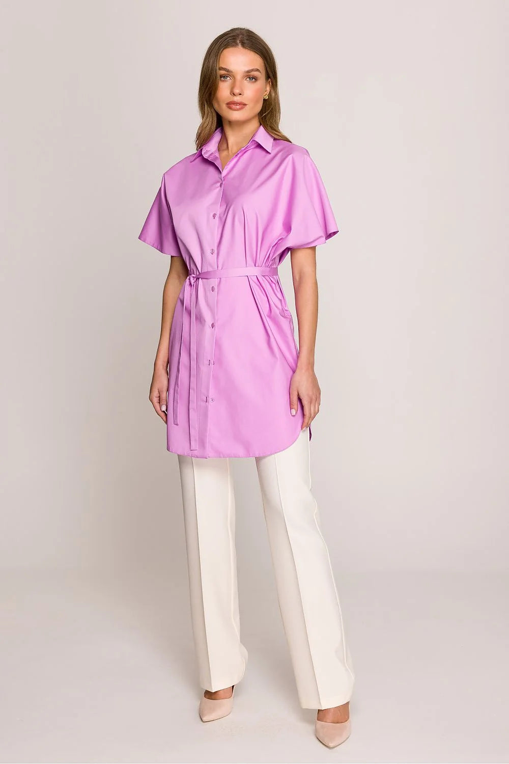 Chemise manche courte Stylove en coton biologique bio couleur lilas style tunique oversize moderne pour femmes