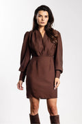 robe mini marron chocolat manches longues ballon poignets boutonnés décolleté plongeant taille cintrée plis élégante sexy