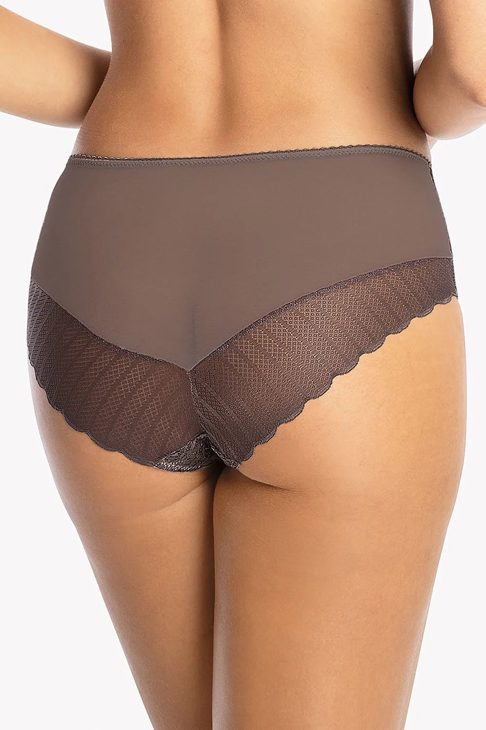 Culotte féminine en dentelle classique coupe ample taille haute maintien confortable coloris gris taupe taille ajustable femme