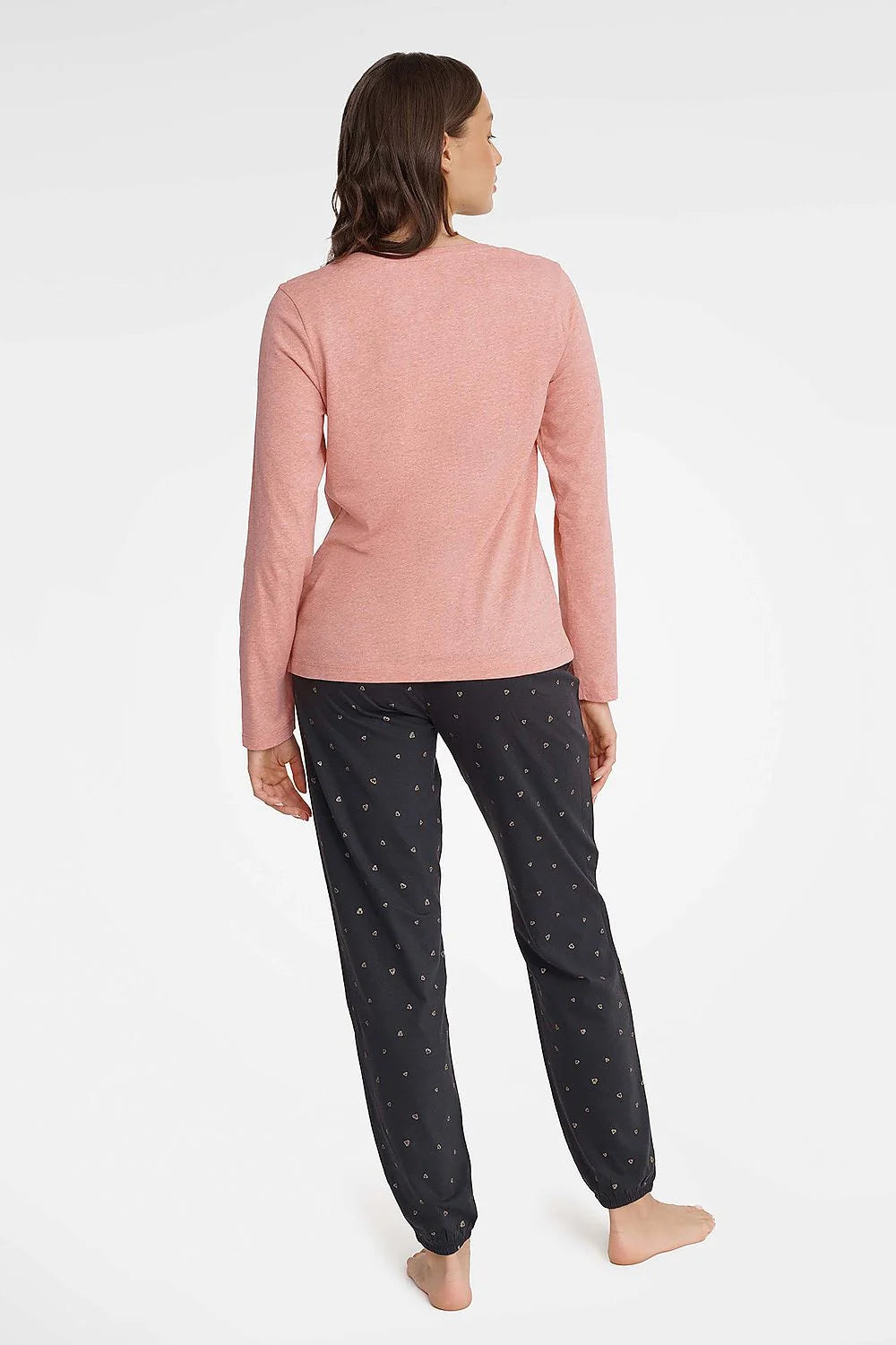 Pyjama Henderson pour femme, deux pièces, chemisier rose à manches longues, pantalon noir amples jambes, coton polyester, confort et style intemporel