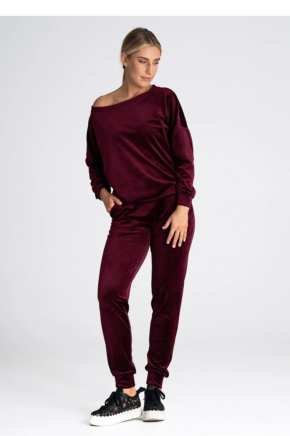 Pantalon survêtement moderne pour femmes en velours bordeaux taille élastiquée coupe droite confortable manches longues coudes côtelées