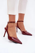 escarpins femme simili cuir verni bordeaux profond bout pointu slingback talon stiletto haut fin bride réglable boucle dorée