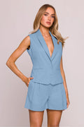 Ensemble femme gilet sans manches short taille haute plis bleu clair polyester elasthanne