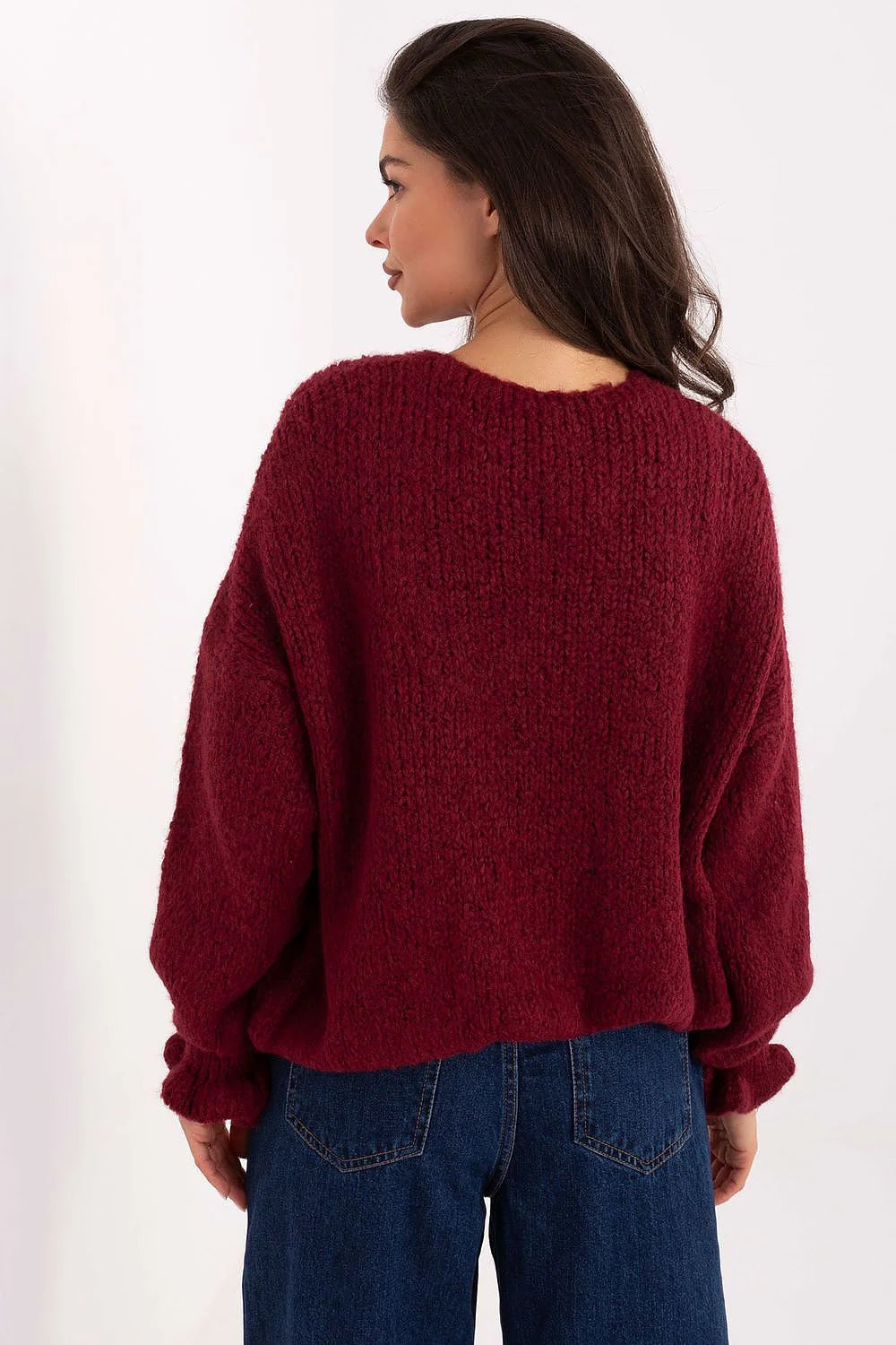 cardigan femme oversize grosse maille bordeaux profond gilet ouvert sans fermeture manches longues bouffantes poignets côtelés mohair alpaga