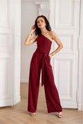 Combinaison femme élégante style one-shoulder coupe large couleur bordeaux tissu fluide taille ajustable sans manches