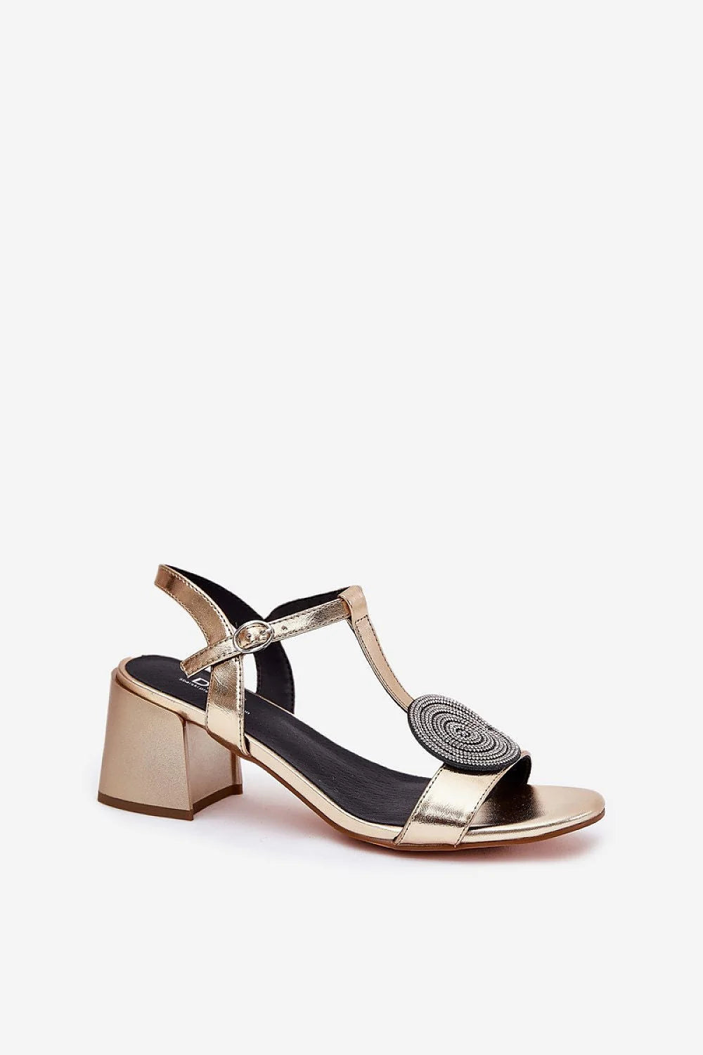 Sandales dorées métalliques à talons carrés avec détails strass T-strap femme occasion spéciale soirée été