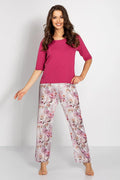 Pyjama pour femmes élégant et confortable couleur fuchsia motif floral pantalon ample chemisier manches 3/4