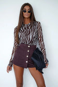 chemisier tulle zèbre marron beige manches longues col rond coupe ajustée stretch transparent mesh viscose élasthanne léger élégant