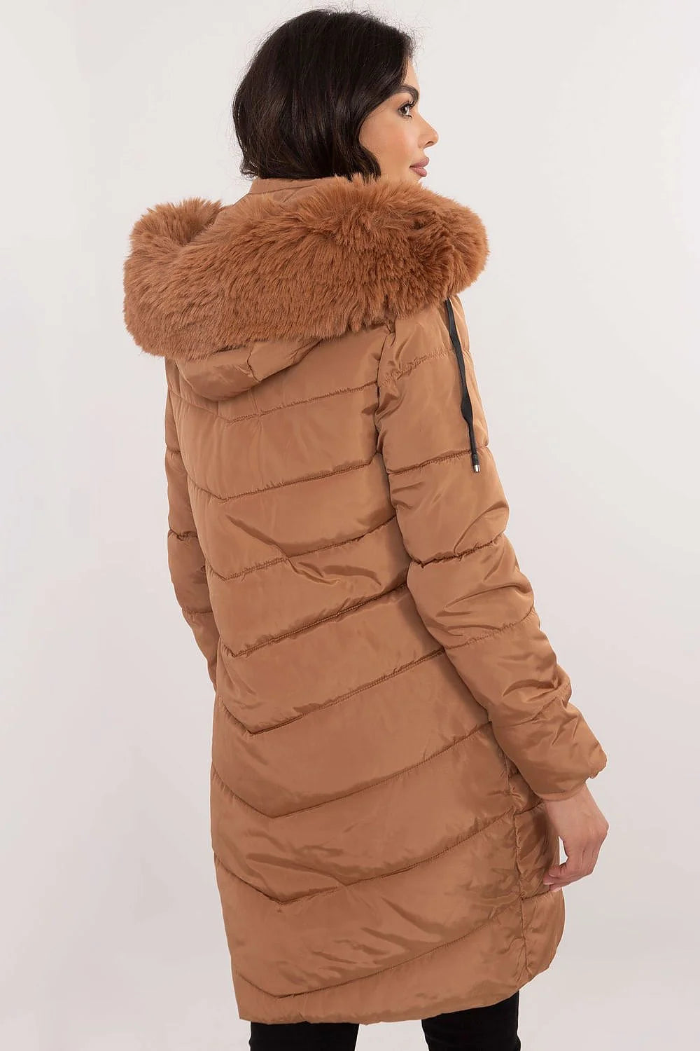 Manteau d'hiver pour femme moderne élégant mi-long rembourré fourrure amovible capuche polyester camel noir