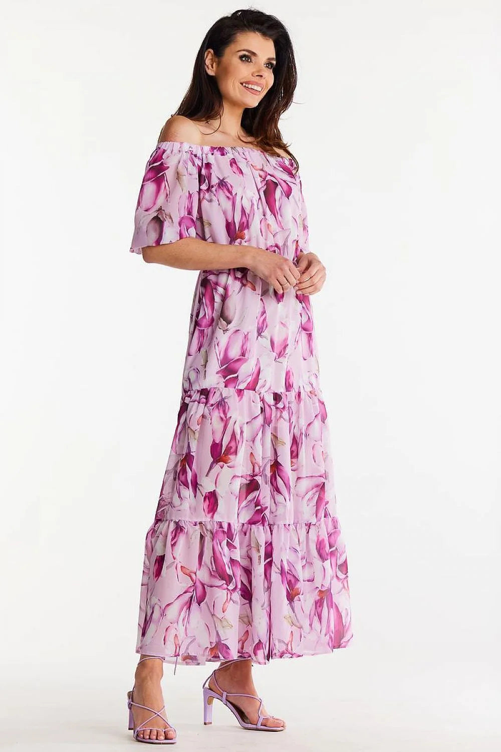 Robe longue bohème chic imprimé floral rose violet Bardot manches 3/4 élastique taille ajustable femme polyester