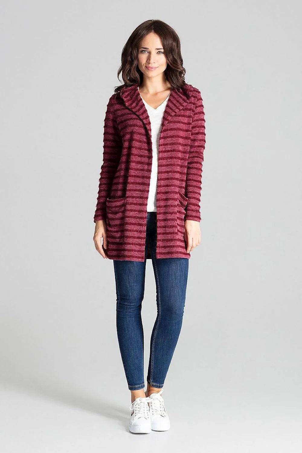 Cardigan femme maille rayée douillette style casual capuche poches pratiques pour quotidien et loisirs