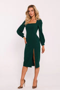 Robe midi élégante pour femme en vert profond manches bouffantes encolure carrée fente haute polyester ajustée occasionnels automne hiver