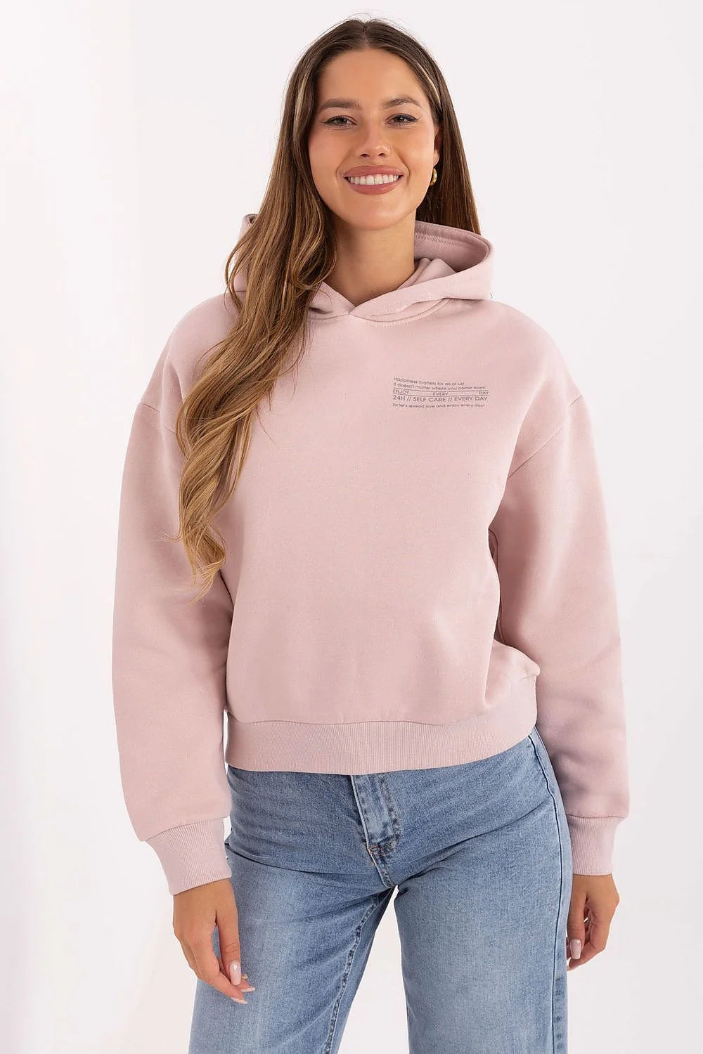 sweat capuche femme rose poudré court décontracté molleton doux doublé manches longues bordcotes imprimé coeur minimaliste confortable chaud casual streetwear