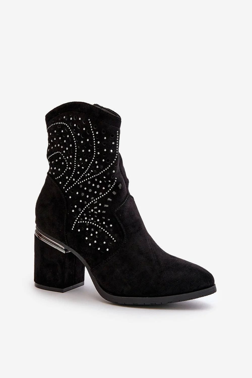 Bottes à talons élégantes design moderne daim noir perforé métallique femmes confort talons moyens fermeture éclair