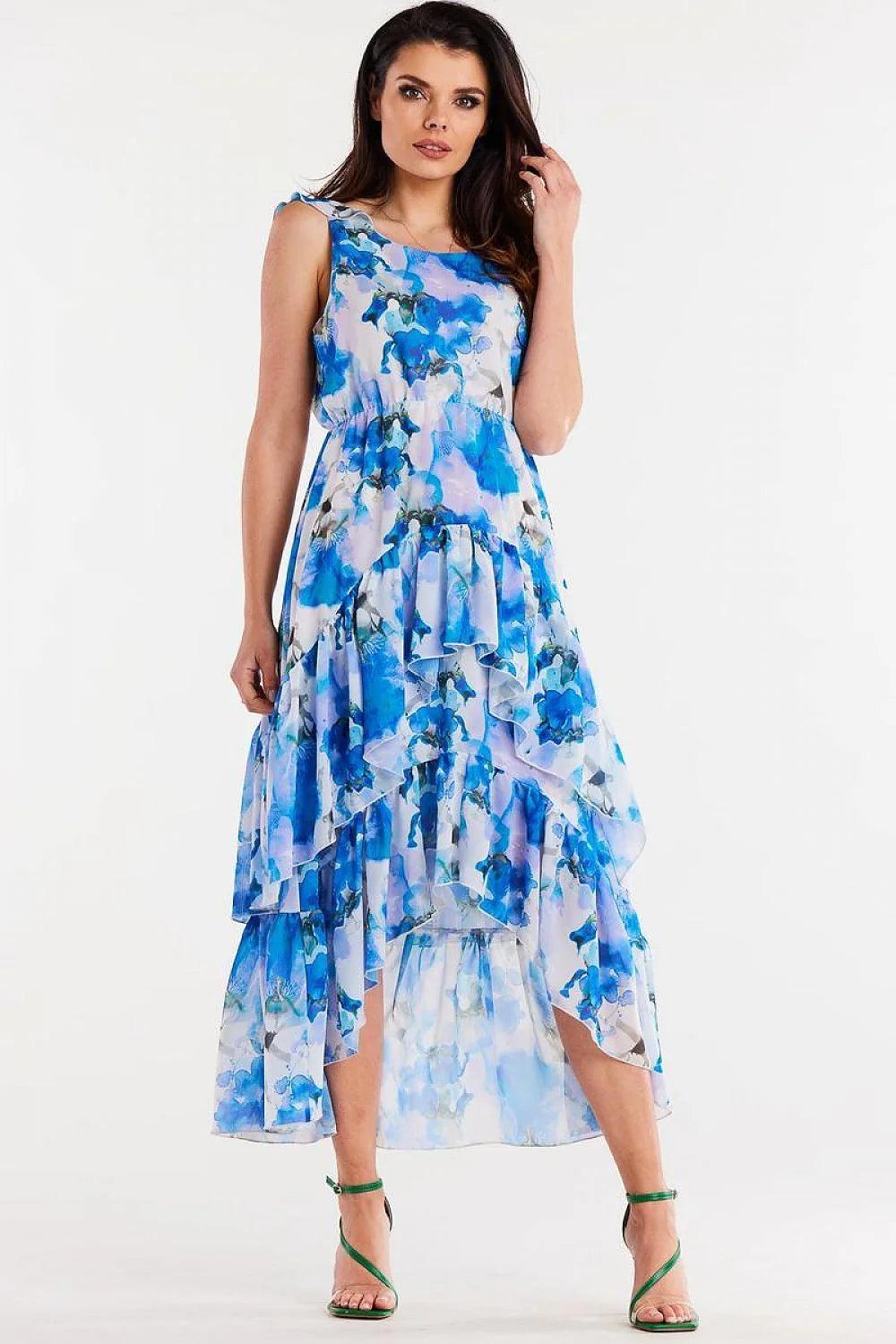 Robe élégante en mousseline imprimé floral bleu blanc violet asymétrique volants élastique taille ajustable femme