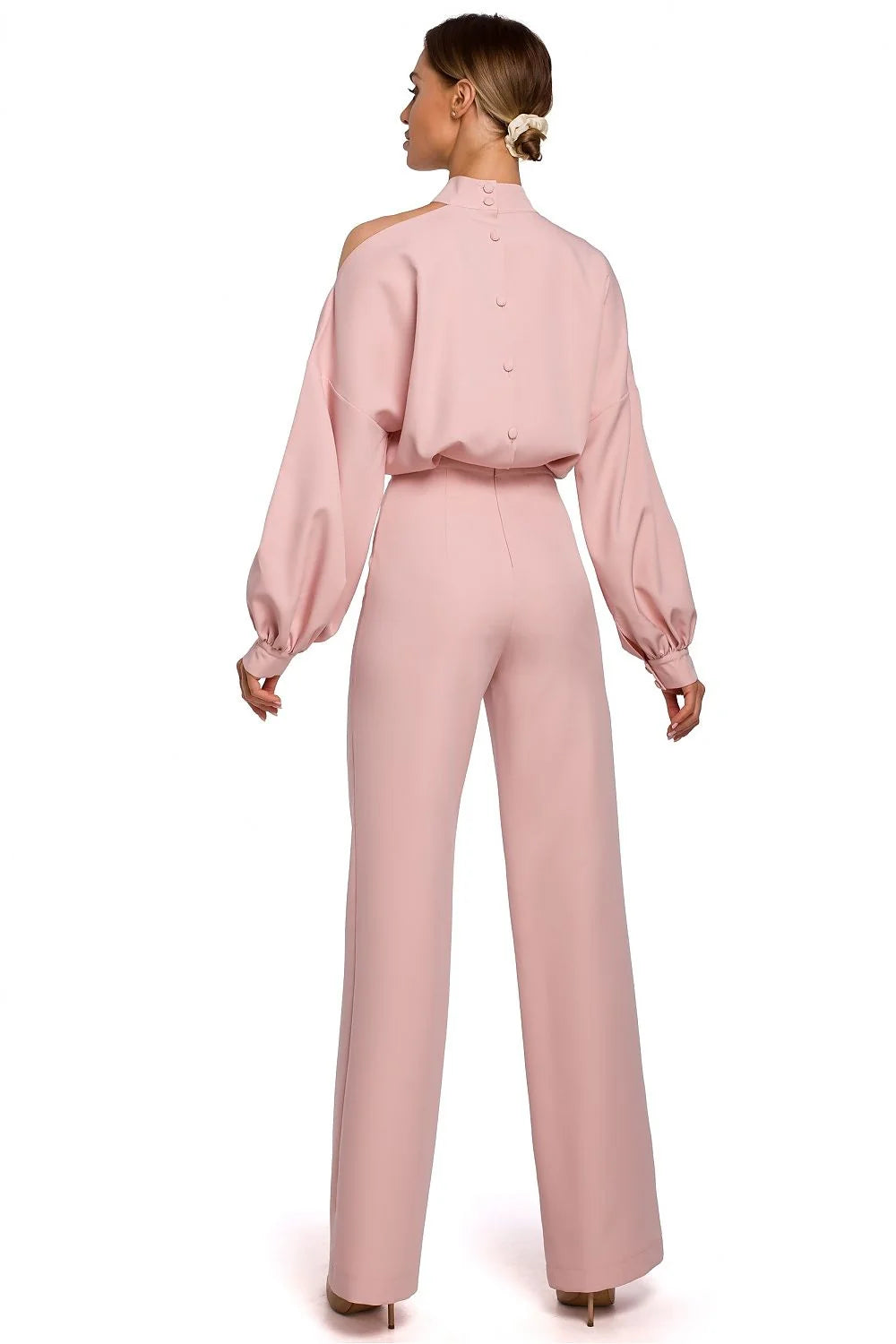 Combinaison pantalon rouge vif polyester femme moderne élégante manches longues épaules dénudées chic