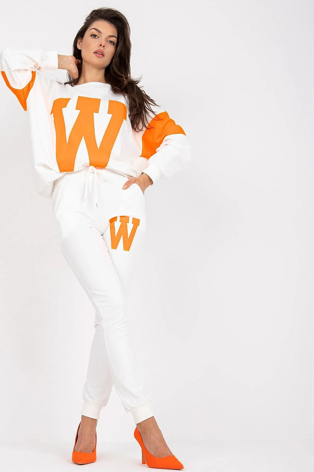 Ensemble Fancy pour femme sweatshirt manches longues pantalon slim taille élastique coton élasthanne blanche orange tendance mode