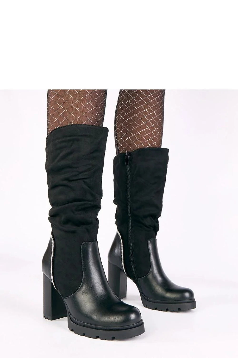 bottes mi mollet femme talon bloc 9cm plateforme crantée antidérapante suédine similicuir noir zircons ornées tige froncée zip latéral chic
