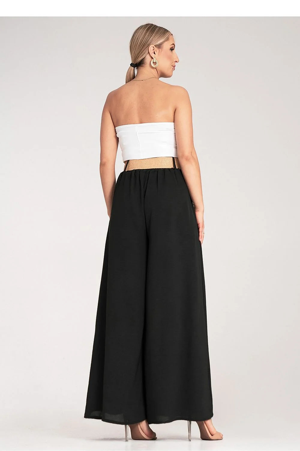 Tenue deux pièces femme bandeau blanc pantalon noir large taille haute ceinture tressée polyester coton élasthanne