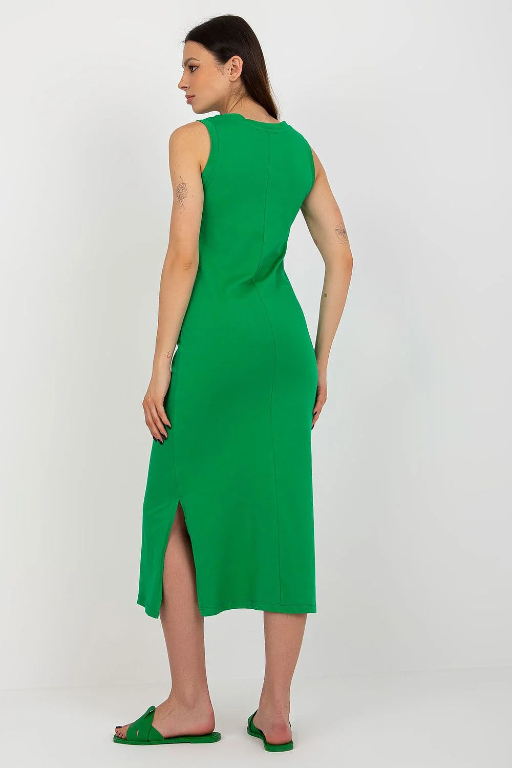 Robe de jour élégante sans manches en V vert vif longueur maxi fente latérale coton élasthanne femme