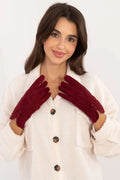 Gants élégants pour femmes en coton et polyester bordeaux foncé, bouton décoratif et fleur brodée, hiver, mode raffinée, coupe ajustée, isolation douce