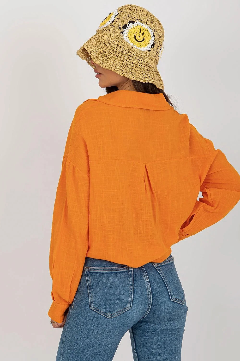 Chemise manche longue Och Bella coton 100 % style décontracté coupe ample nœud avant poche poitrine coloris orange vif