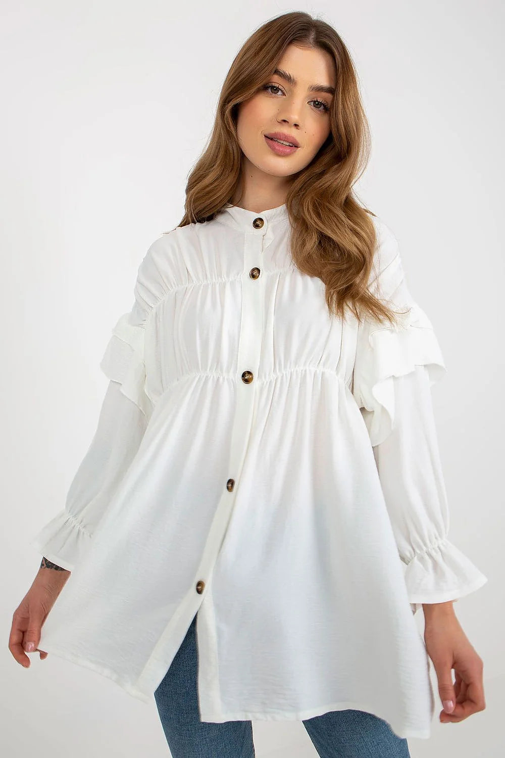 Chemise manche longue Och Bella pour femme, coupe ample, volants, Polyester 100%, élégante, moderne, occasions multiples