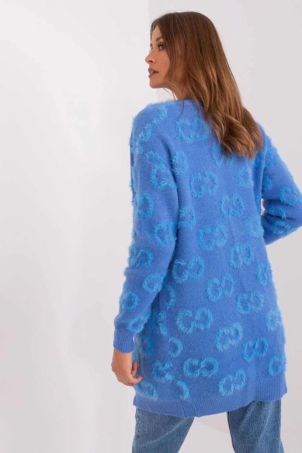 Cardigan femme élégant bleu motifs floraux manches longues coupe ample poches plaquées tricot moelleux