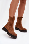 bottines chelsea femme suédine cognac mi mollet bout rond plateforme crantée semelle noire fermeture zippée latérale languette tirage talon plat