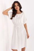 Robe de jour féminine en viscose légère coupe fluide manches courtes encolure ronde ceinture à nouer midi blanc pur femme