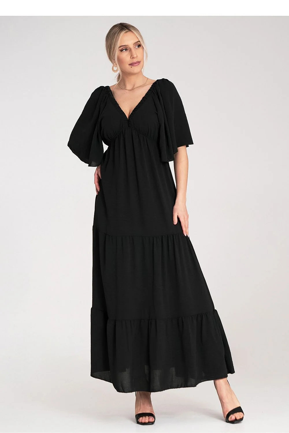 Robe de jour élégante A-lining V-neck papillon manches courtes volants polyester noire polyvalente femme