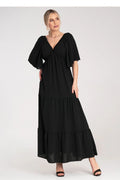 Robe de jour élégante A-lining V-neck papillon manches courtes volants polyester noire polyvalente femme