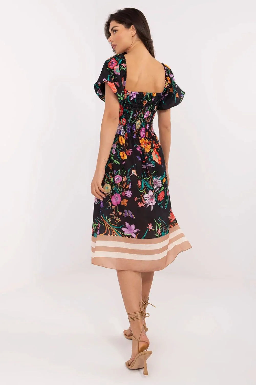 Robe midi florale élégante manches bouffantes encolure smockée tissu lin polyester femme été 2023