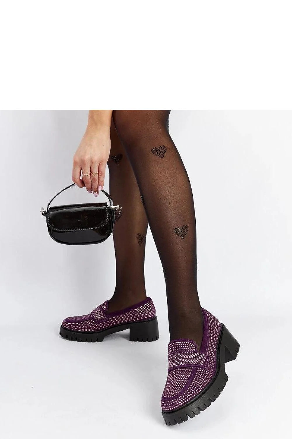 mocassins violet strass plateforme talon massif cuir écologique semelle caoutchouc femme élégance confort velours crantée compensé rétro chic audacieux