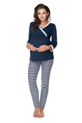 pyjama maternité PeeKaBoo cachecoeur allaitement manches longues bordures blanches pantalon slim rayures marines coupe empire froncée jersey extensible respirant confort