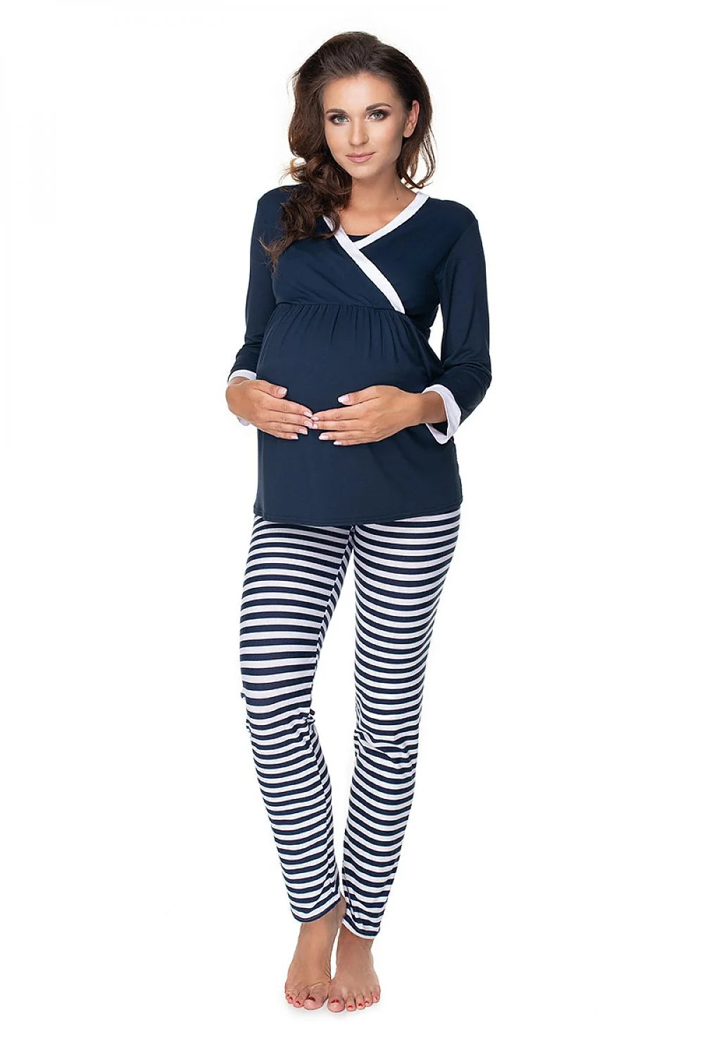 pyjama maternité PeeKaBoo cachecoeur allaitement manches longues bordures blanches pantalon slim rayures marines coupe empire froncée jersey extensible respirant confort