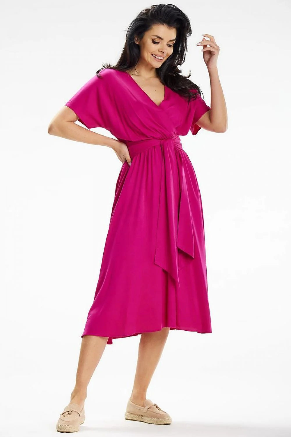 Robe de jour awama fuchsia midi A-line manches courtes wrap top ceinture intégrée femme élasthanne viscose