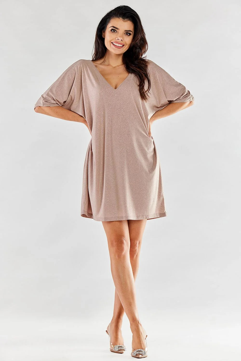 robe soirée rouge éclatante manches trois quarts col V plongeant coupe oversize tunique mi cuisses stretch irisé métallisé élasthanne confortable