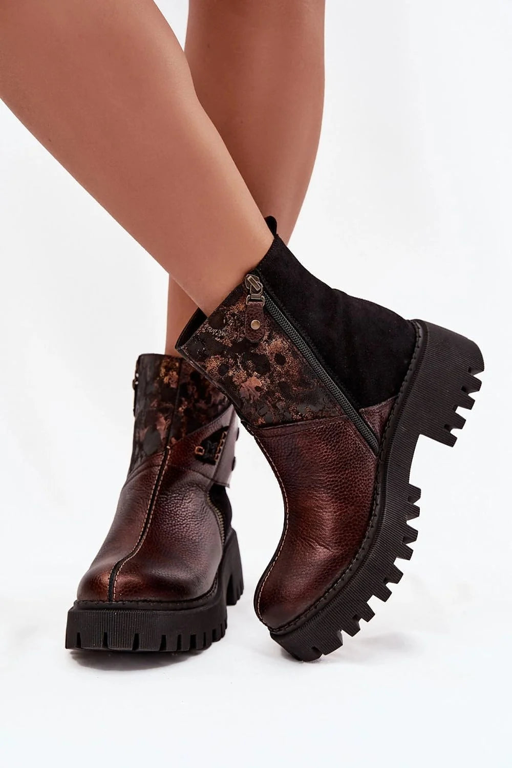 bottines femme Maciejka cuir naturel suédine bordeaux brun effet vieilli plateforme crantée antidérapante talon confortable doublure fourrure zip